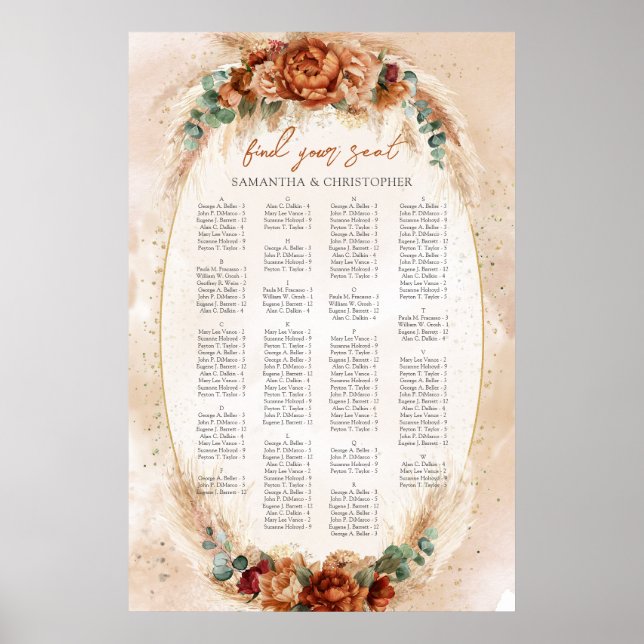 Elegant Copper and burgundy flowers Alphabetical Poster (Front)