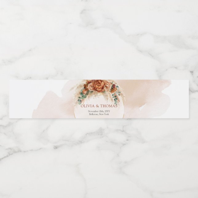 Elegant Copper and burgundy flowers greenery arch Water Bottle Label (Single Label)