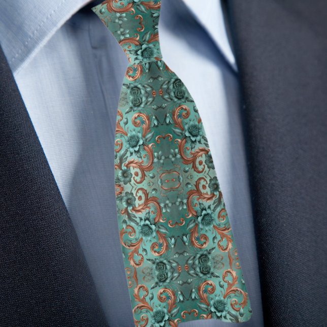 Elegant Copper and Turquoise Flower Pattern Tie (Creator Uploaded)