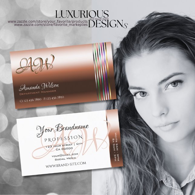 Elegant Copper and White Colourful Stripes Monogra Business Card (Creator Uploaded)