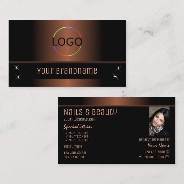 Elegant Copper Black Stylish with Logo and Photo Business Card (Front/Back)