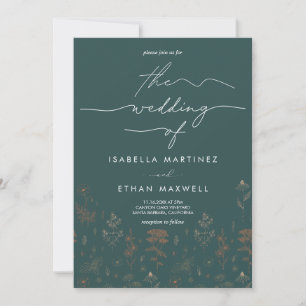 Elegant Copper Botanical Script Dark Teal Wedding  Invitation