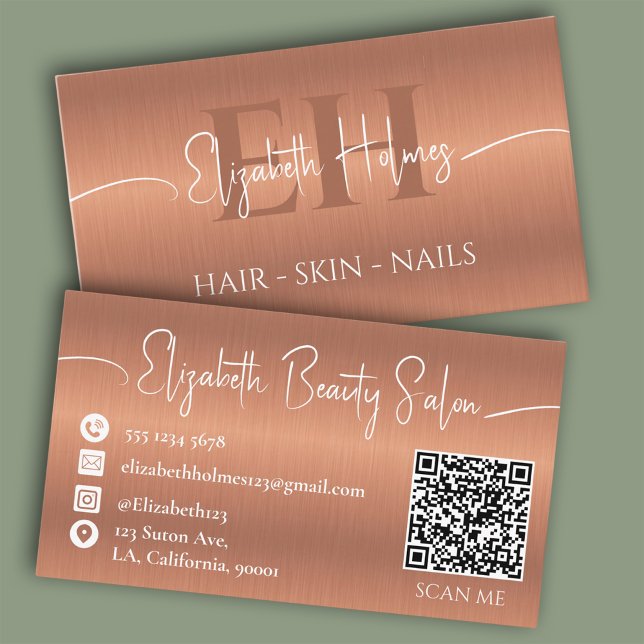 Elegant Copper Brown Monogram Makeup Artist QR Business Card (Creator Uploaded)