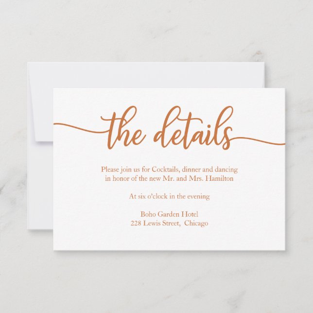 Elegant Copper Calligraphy Wedding Details Card (Front)