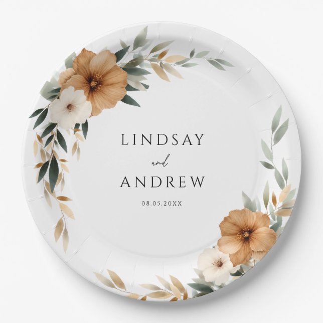 Elegant Copper & Earthy Botanical Wedding Paper Plate (Front)