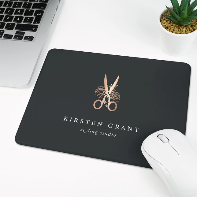 Elegant Copper Floral Scissors Salon Logo Mouse Mat (Creator Uploaded)