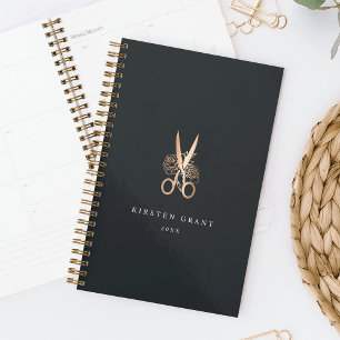 Elegant Copper Floral Scissors Salon Logo Planner
