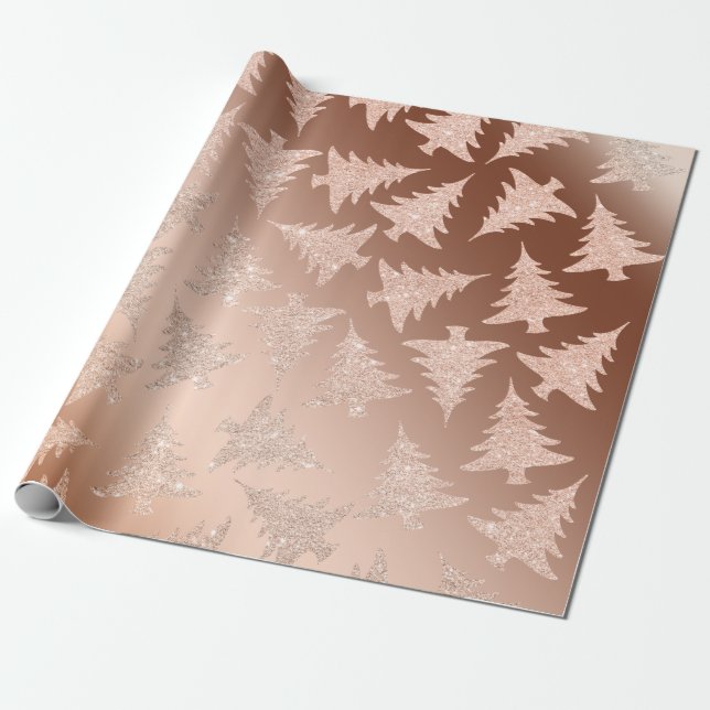 Elegant Copper Gold Glitter Christmas Tree Pattern Wrapping Paper (Unrolled)