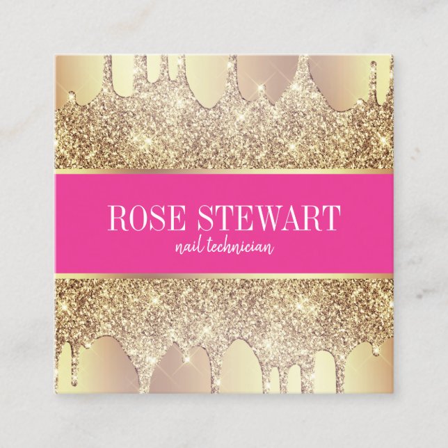 Elegant copper gold glitter drips nails square business card (Front)