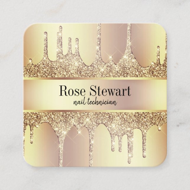 Elegant copper gold glitter drips nails square business card (Front)
