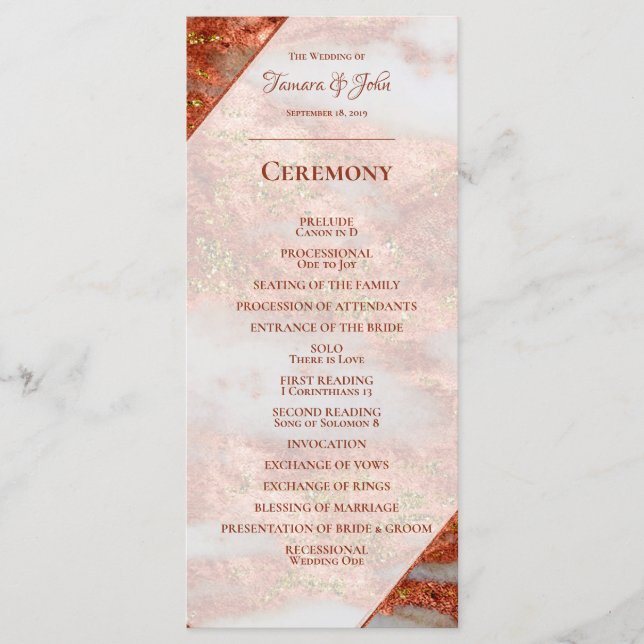 Elegant Copper Gold Marble Geometric Wedding Programme (Front)