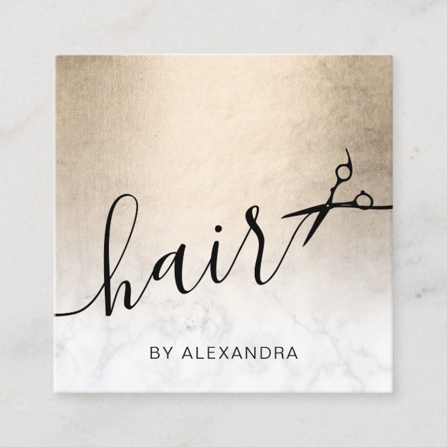 Elegant copper gold marble scissors hairstylist square business card (Front)