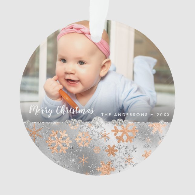Elegant copper gold silver snowflakes custom photo ornament (Front)