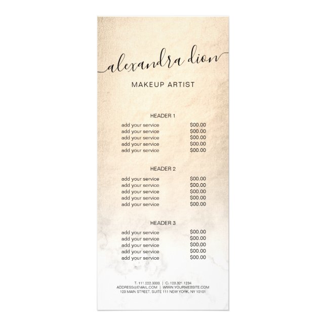 Elegant copper gold white marble makeup artist rack card (Front)