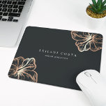 Elegant Copper Hibiscus Flower Mouse Mat<br><div class="desc">Island chic personalized mousepad for your business or home office features two lines of custom text in classic white lettering,  on a soft black background adorned with two tropical hibiscus flower illustrations in faux copper foil for a beach glam look.</div>