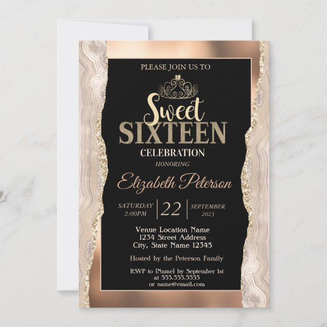 Elegant Copper Marble Glitter Sweet 16 Invitation (Front)