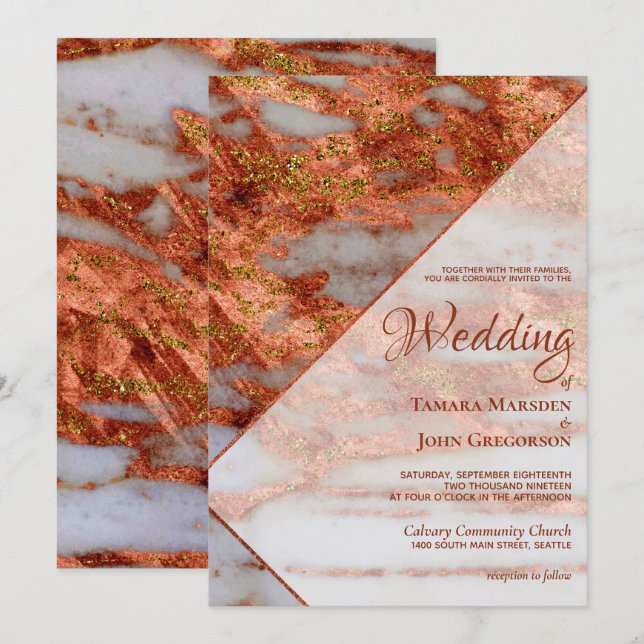 Elegant Copper Metallic Marble Geometric Wedding Invitation (Front/Back)