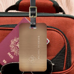 Elegant copper monogrammed name modern luggage tag<br><div class="desc">Modern luxury exclusive looking luggage tag on a faux metallic brushed copper bronze background with geometric diamond shaped white monogram. Personalise it with your name,  monogram,  and details on both sides!</div>