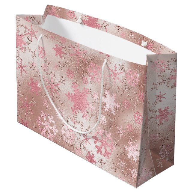 Elegant Copper & Pink Christmas Snowflake Pattern Large Gift Bag (Back Angled)