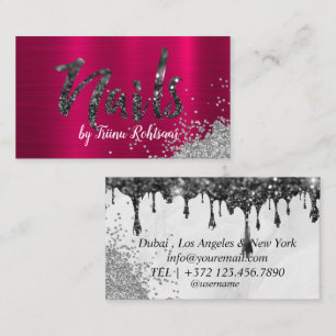 Elegant copper pink gold glitter drips nails busin business card