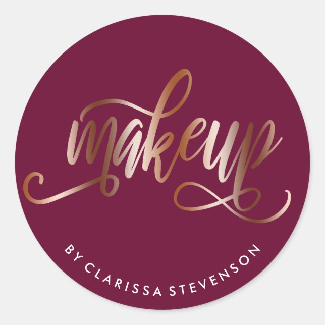 Elegant copper rose gold & burgundy makeup artist classic round sticker (Front)