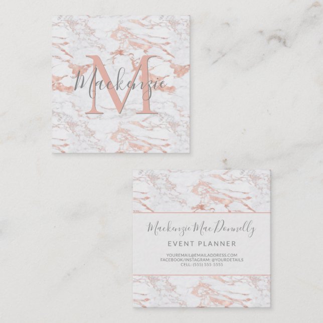 Elegant Copper Rose Gold Foil Marble Monogram Busi Square Business Card (Front/Back)