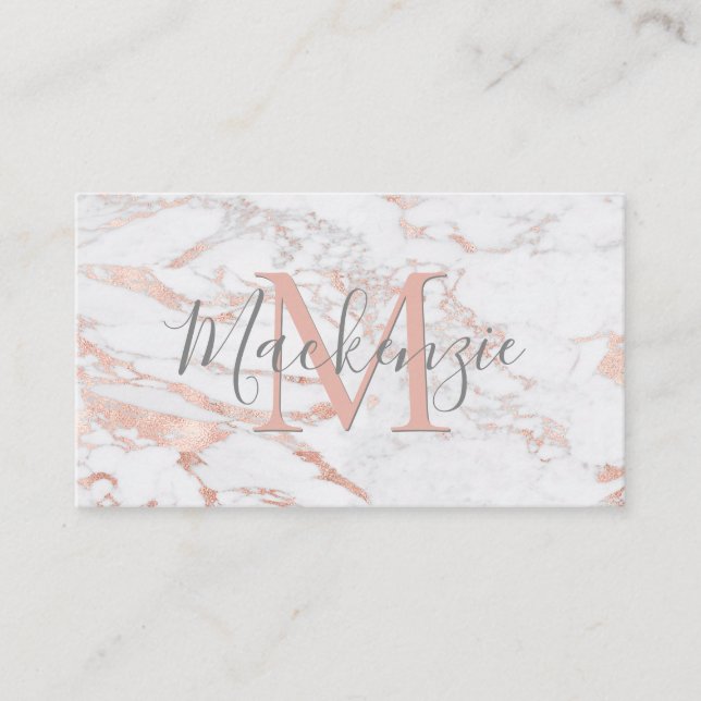 Elegant Copper Rose Gold Foil Marble Monogram Business Card (Front)