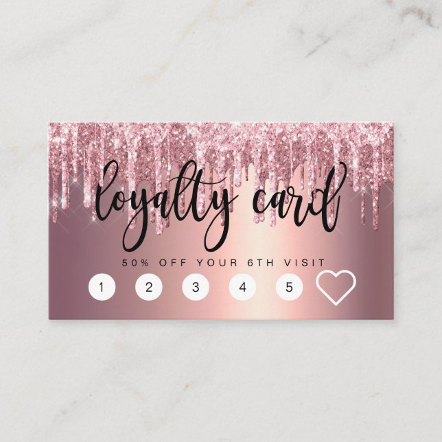 Elegant copper rose gold glitter drip hair makeup loyalty card (Front)