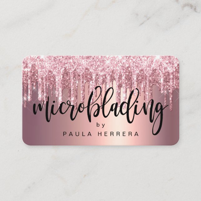 Elegant copper rose gold glitter drip microblading business card (Front)
