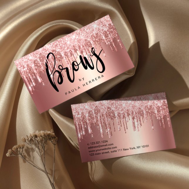 Elegant copper rose gold glitter drips brows business card (Creator Uploaded)
