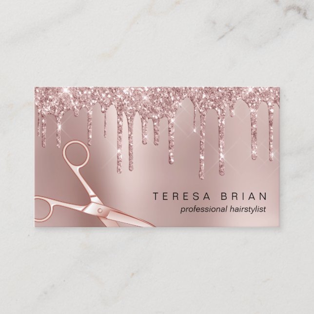 Elegant copper rose gold glitter drips hairstylist business card (Front)