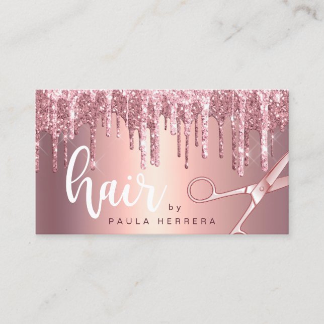 Elegant copper rose gold glitter drips hairstylist business card (Front)