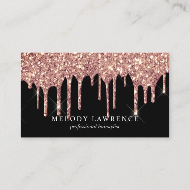 Elegant copper rose gold glitter drips hairstylist business card (Front)