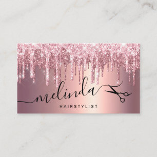 Elegant copper rose gold glitter drips hairstylist business card