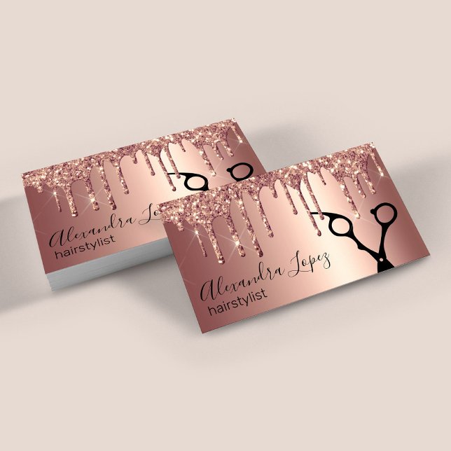 Elegant copper rose gold glitter drips hairstylist business card (Creator Uploaded)