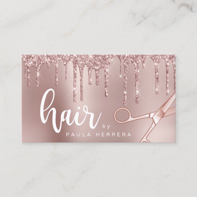 Elegant copper rose gold glitter drips hairstylist business card (Front)