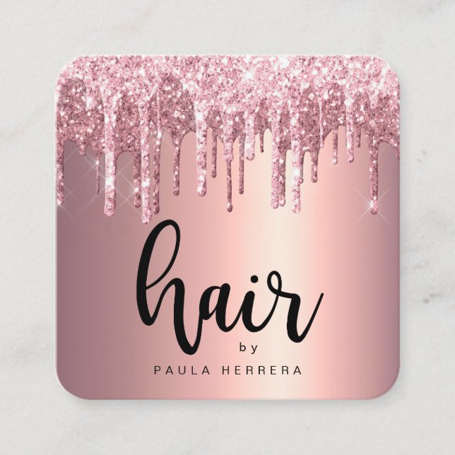 Elegant copper rose gold glitter drips hairstylist square business card (Front)