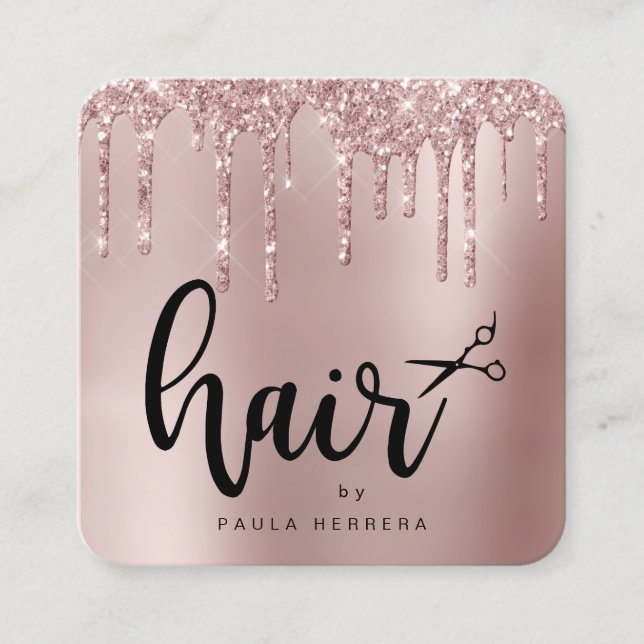 Elegant copper rose gold glitter drips hairstylist square business card (Front)