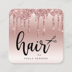 Elegant copper rose gold glitter drips hairstylist square business card