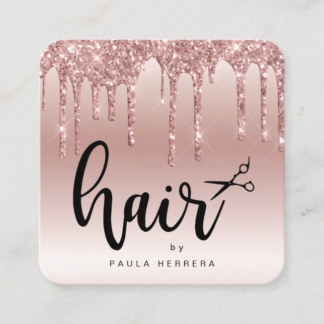 Elegant copper rose gold glitter drips hairstylist square business card (Front)