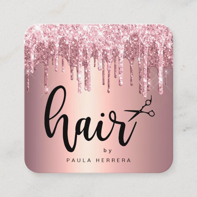 Elegant copper rose gold glitter drips hairstylist square business card (Front)