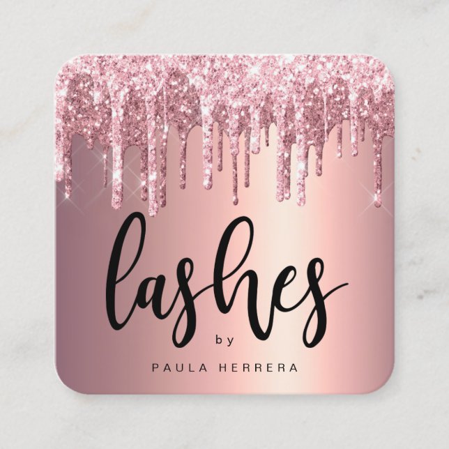 Elegant copper rose gold glitter drips lashes square business card (Front)
