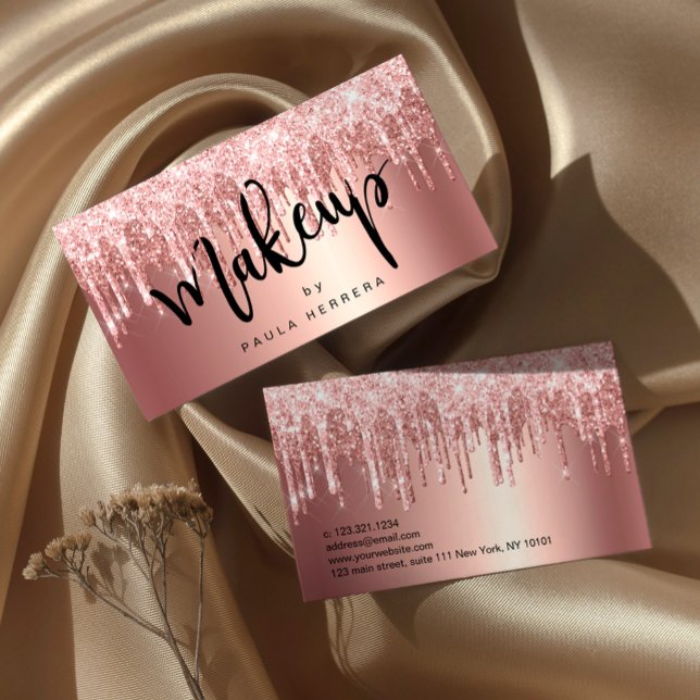 Elegant copper rose gold glitter drips makeup business card (Creator Uploaded)
