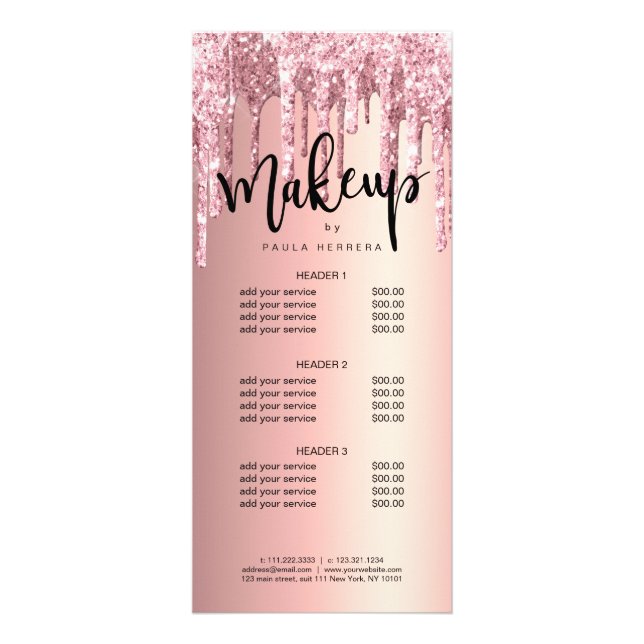 Elegant copper rose gold glitter drips makeup rack card (Front)