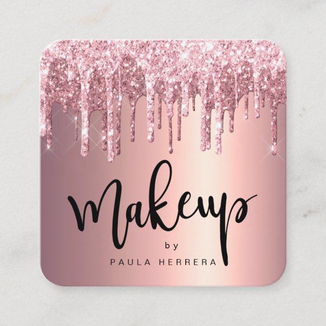 Elegant copper rose gold glitter drips makeup square business card (Front)