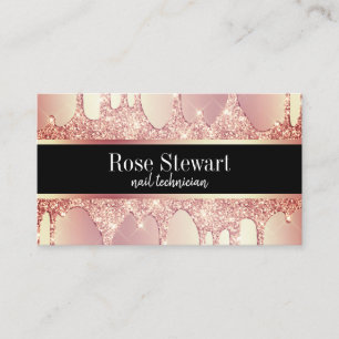 Elegant copper rose gold glitter drips nails business card