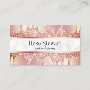 Elegant copper rose gold glitter drips nails business card