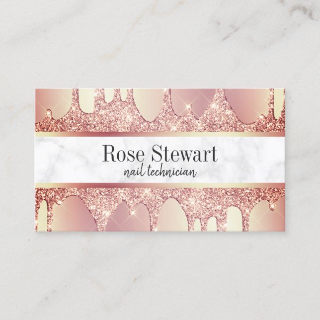 Elegant copper rose gold glitter drips nails business card (Front)