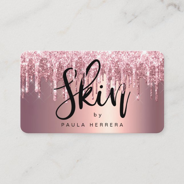 Elegant copper rose gold glitter drips skin business card (Front)