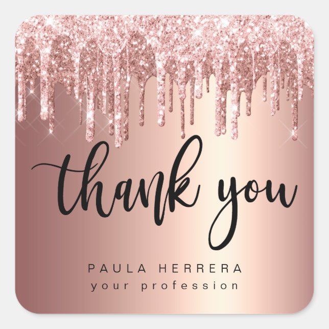 Elegant copper rose gold glitter drips thank you square sticker (Front)